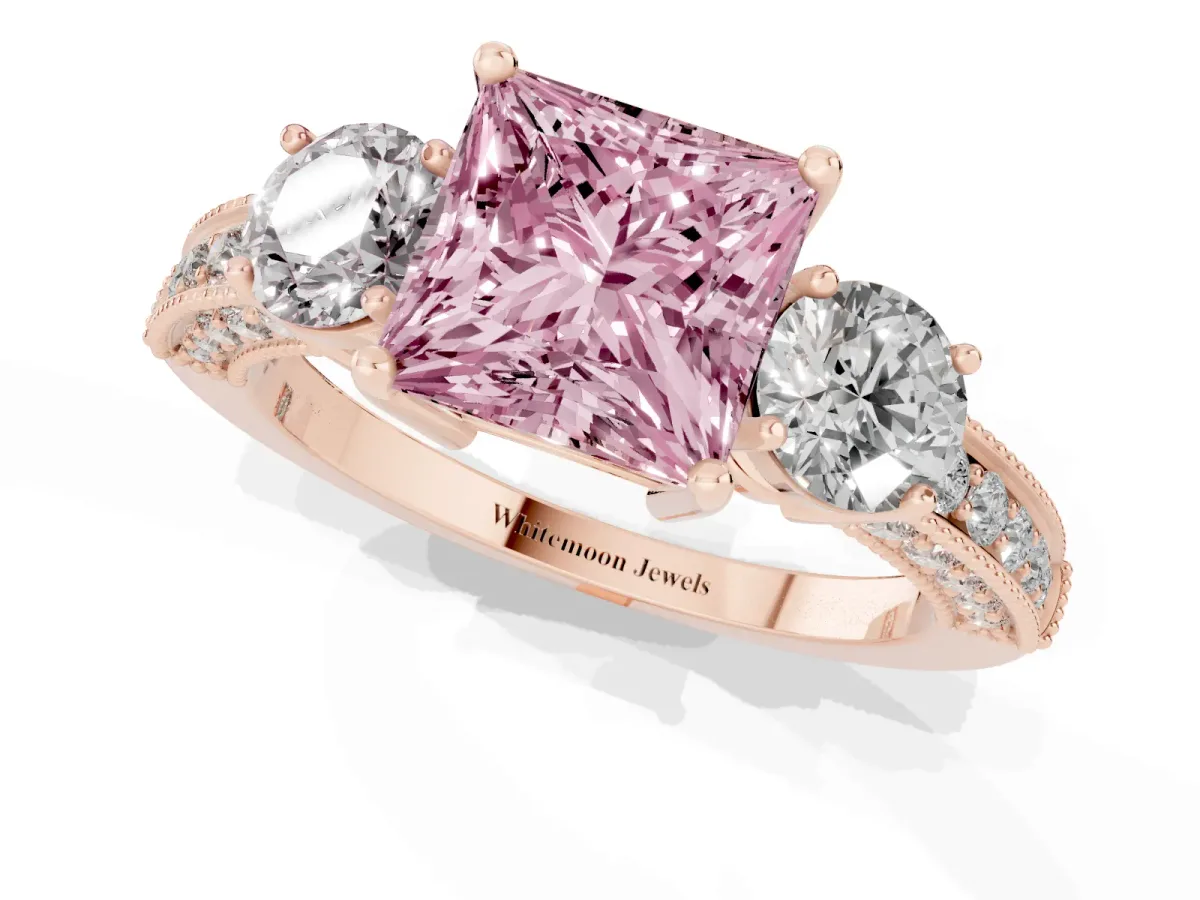 Fancy Pink Princess Cut Three-Stone Diamond Ring with Pavé Band and Four-Prong Setting Rose gold