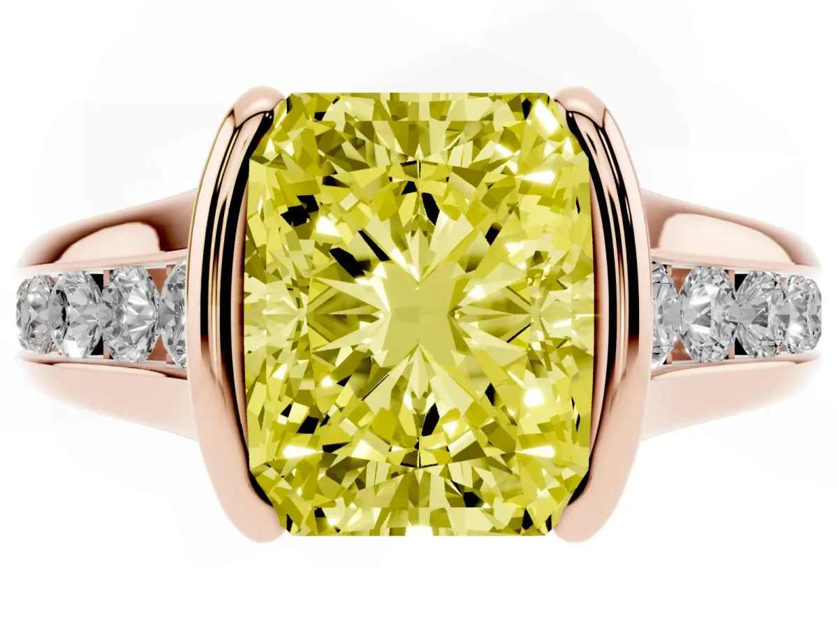 Fancy Yellow Radiant Cut Solitaire Bezel-Set Diamond Ring with Channel-Set Band Rose gold