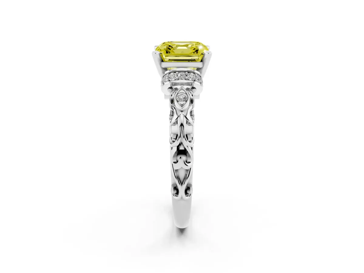 Fancy Yellow Asscher Cut Diamond Solitaire Ring with Filigree Band and Four-Prong Setting Silver
