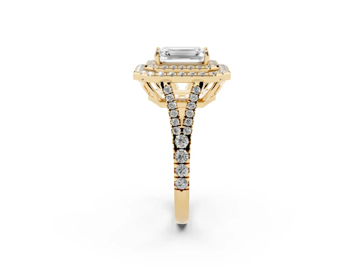 Emerald Cut Diamond Double Halo Ring with Pavé Band and Prong Setting Yellow gold