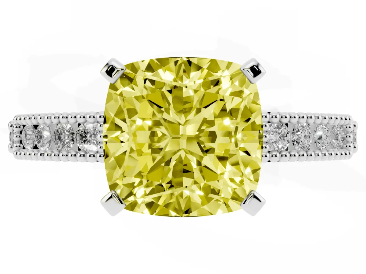Fancy Yellow Cushion Cut Solitaire with Pavé Band and Four-Prong Setting Silver