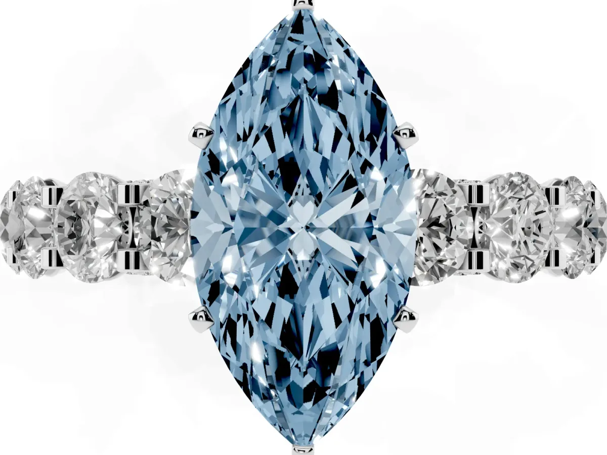 Fancy Blue Marquise Cut Diamond Side Stone Engagement Ring with Four-Prong Setting Silver