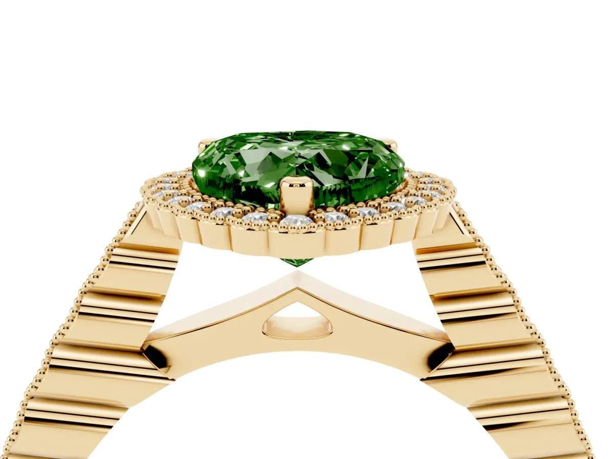 Fancy Green Heart Cut Cut Halo Pavé Solitaire Ring with Milgrain Band Yellow gold