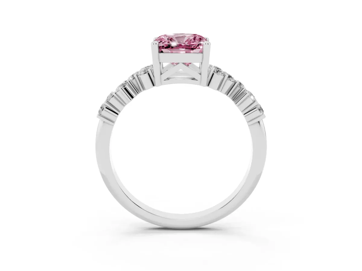 Fancy Pink Cushion Cut Diamond Scattered Round Accent Ring with Prong Setting White gold