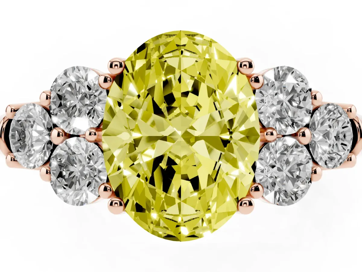 Fancy Yellow Oval Cut Cut Diamond Cluster Ring with Round Accent Stones and Prong Setting on a Classic Band Rose gold