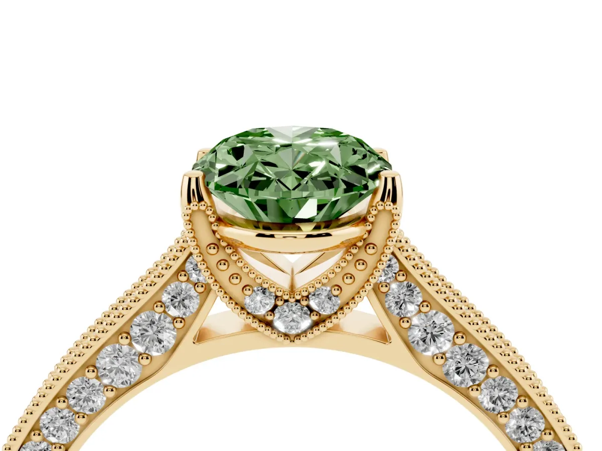Fancy Green Oval Cut Cut Diamond Solitaire Ring with Milgrain Pave Band and Four Prong Setting Yellow gold