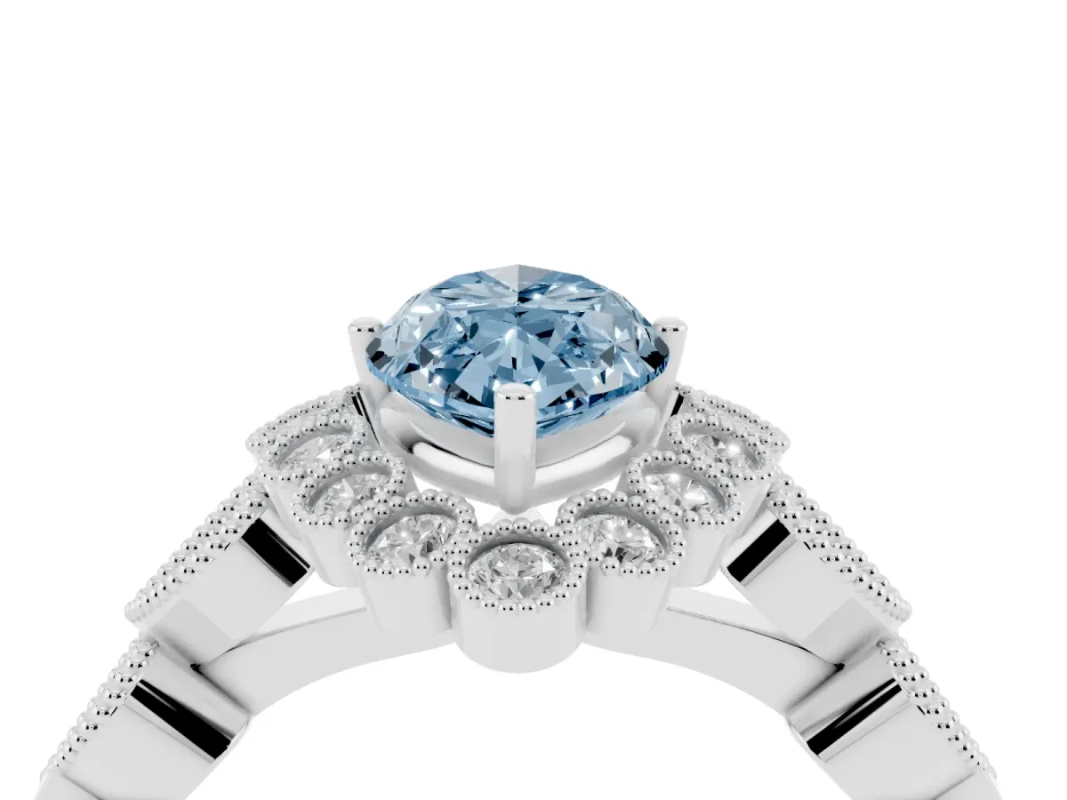 Fancy Blue Marquise Cut Brilliant Milgrain Pave Heart Band Solitaire Ring Silver