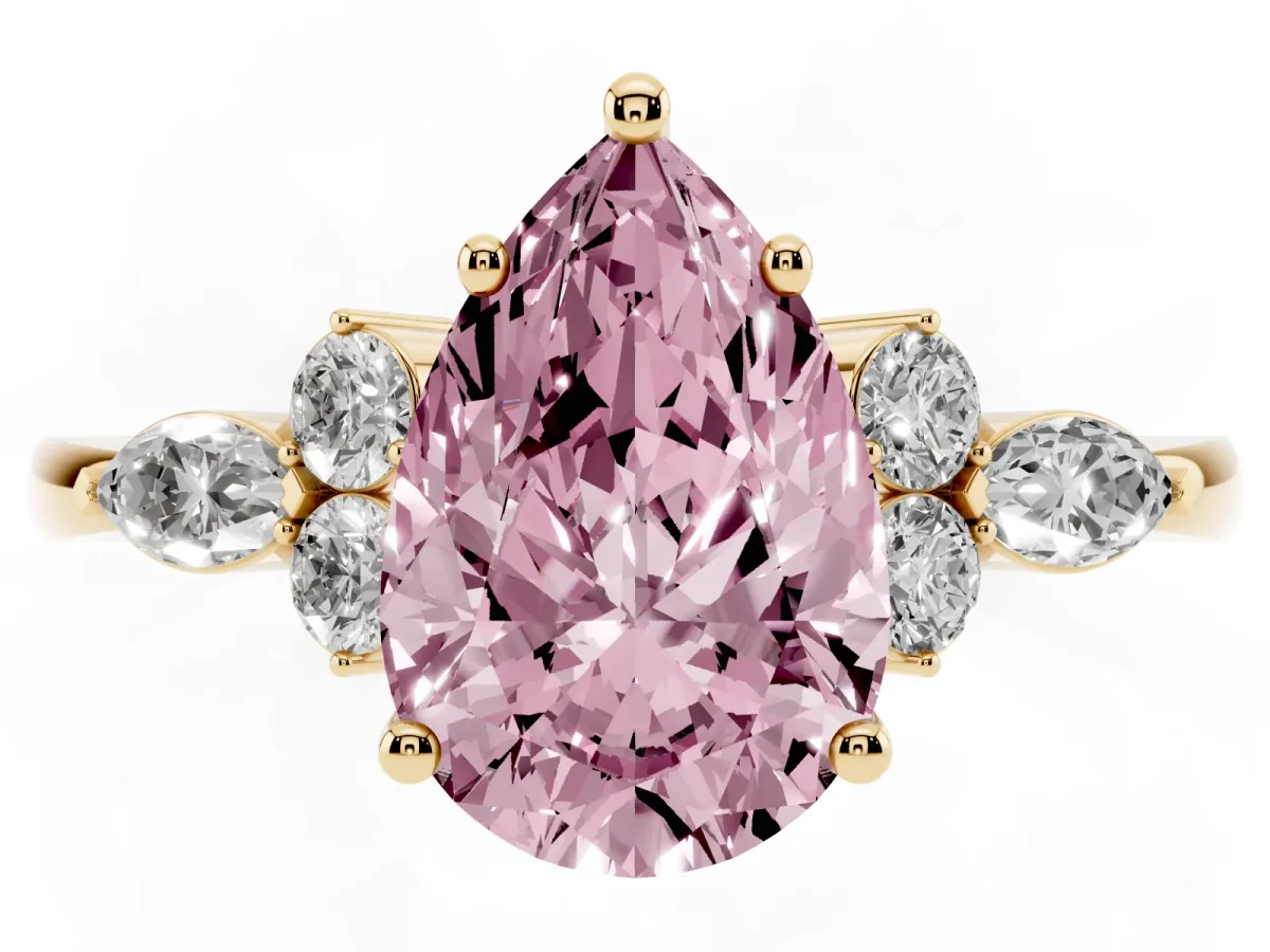Fancy Pink Pear Cut Brilliant Diamond Solitaire Ring with Pear Side Stones and Four-Prong Setting Yellow gold