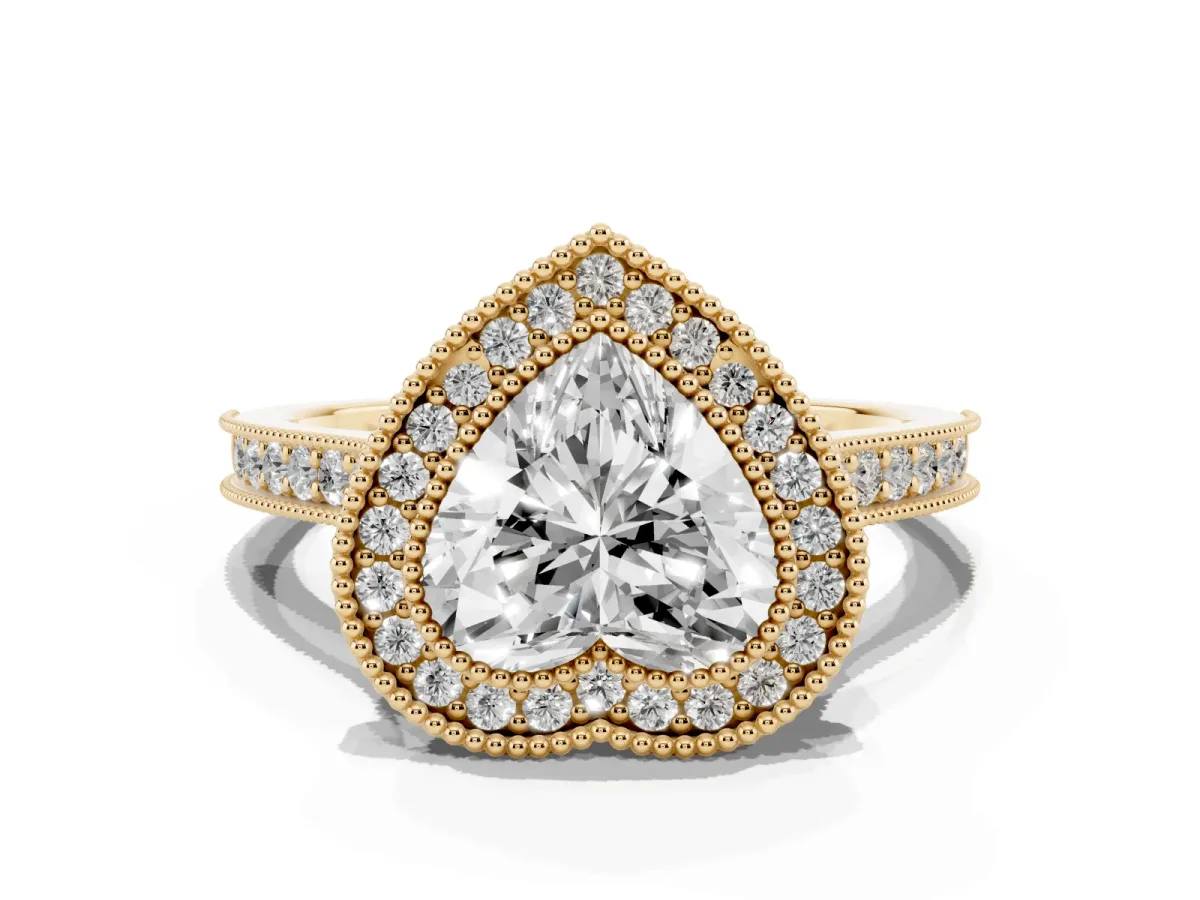 Halo Heart Cut-Cut Diamond Pave Band Milgrain Prong Setting Ring Yellow gold