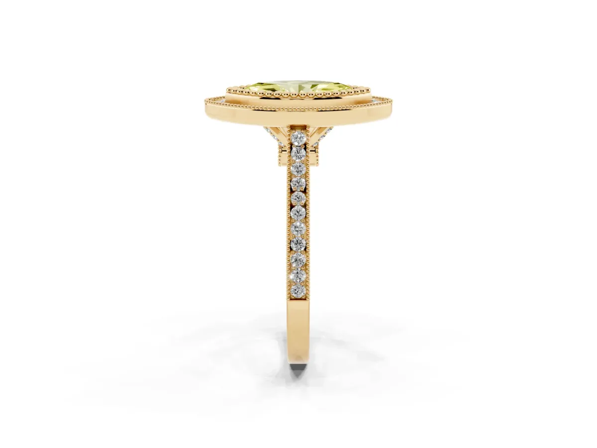 Fancy Yellow Marquise Cut Diamond Halo Ring with Milgrain Frame and Pavé Band Yellow gold