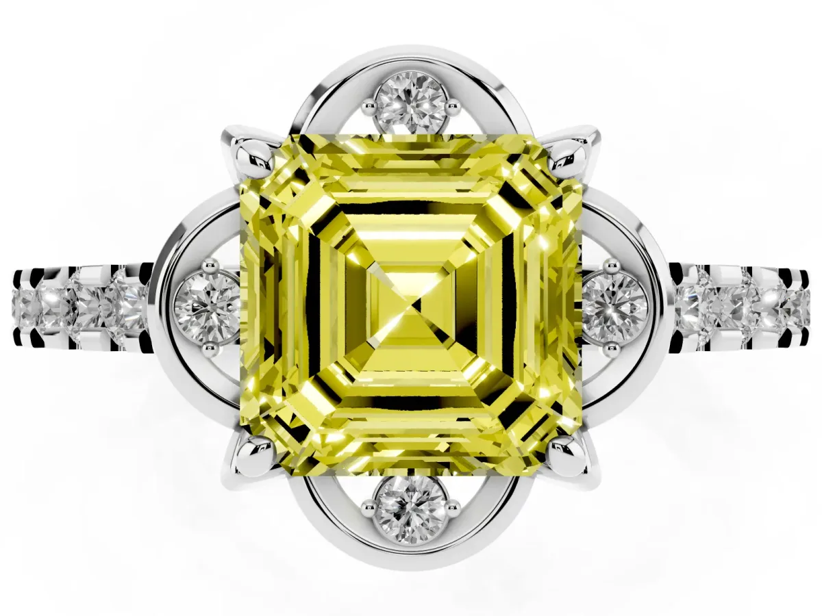 Fancy Yellow Asscher Cut Diamond Ring with Pavé Band and Floral Prong Setting Silver