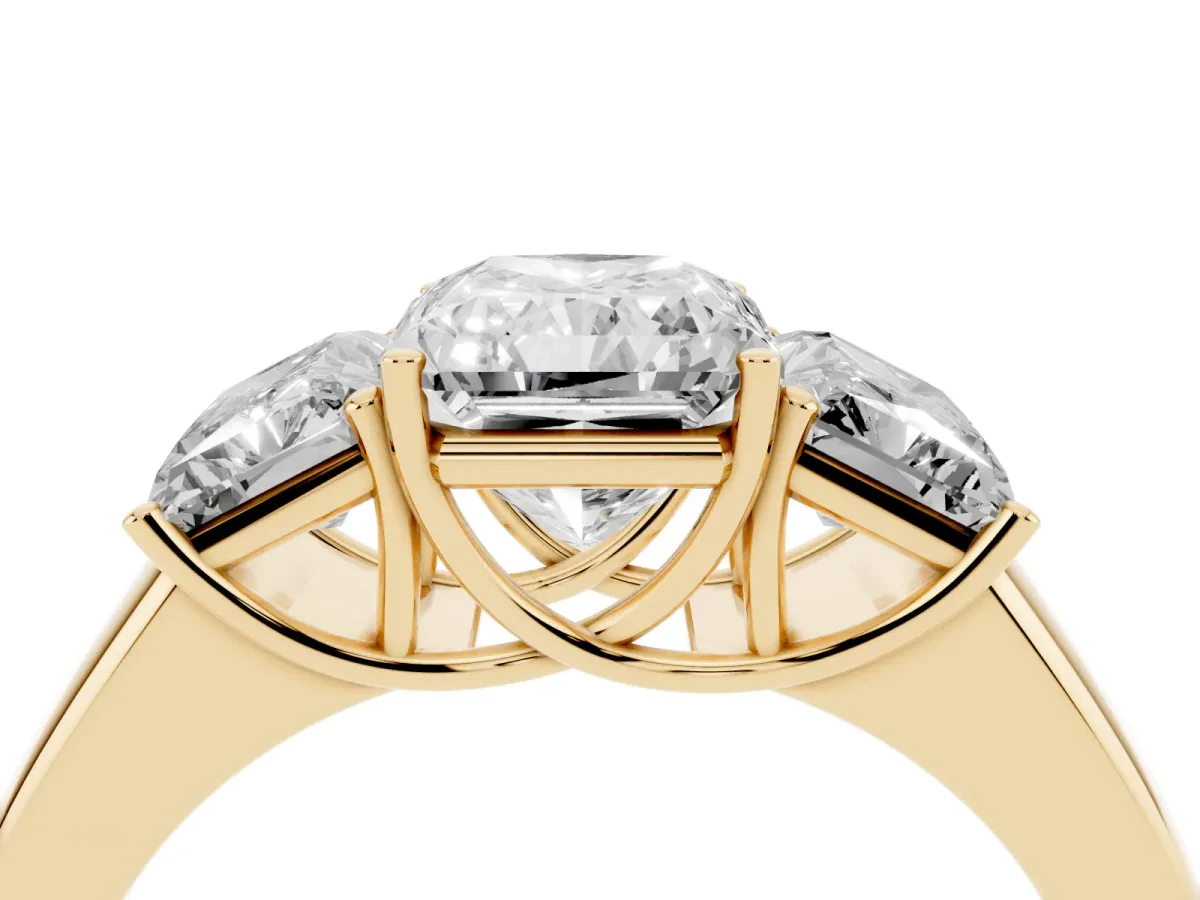 Three-Stone Radiant Cut Cut Diamond Ring with Prong Setting and Classic Band Yellow gold