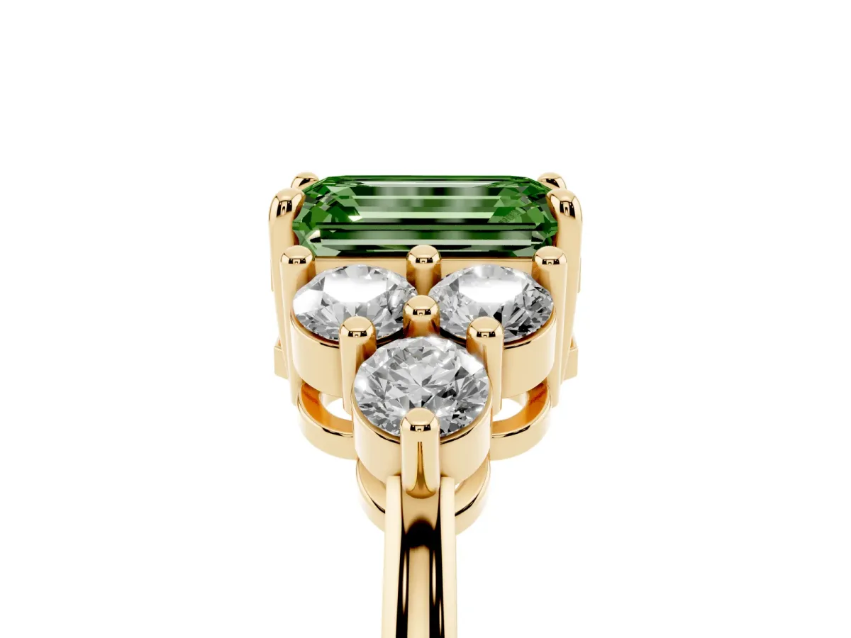 Fancy Green Emerald Cut Brilliant Diamond Cluster Accent Solitaire Ring with Prong Setting Yellow gold