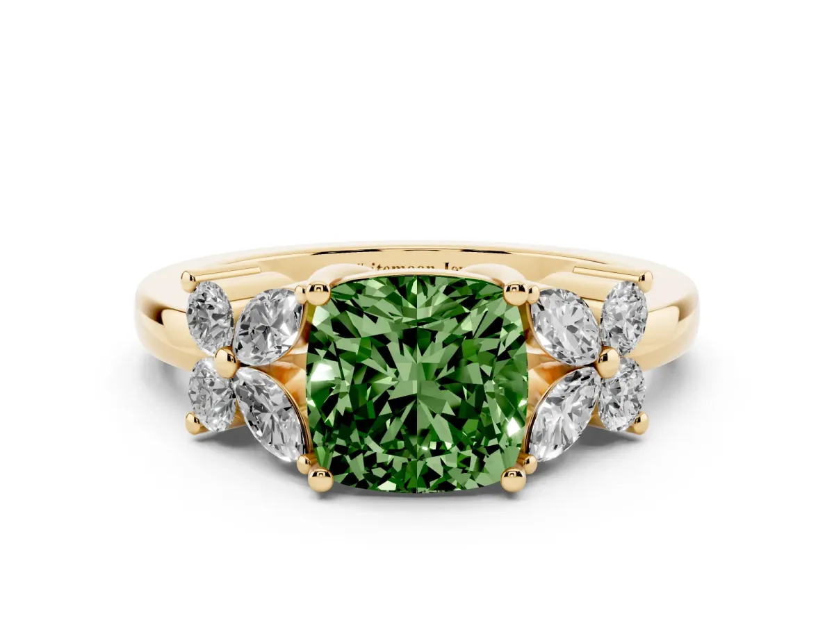 Fancy Green Cushion Cut Diamond Floral Cluster Ring with Solitaire Band and Prong Setting Yellow gold