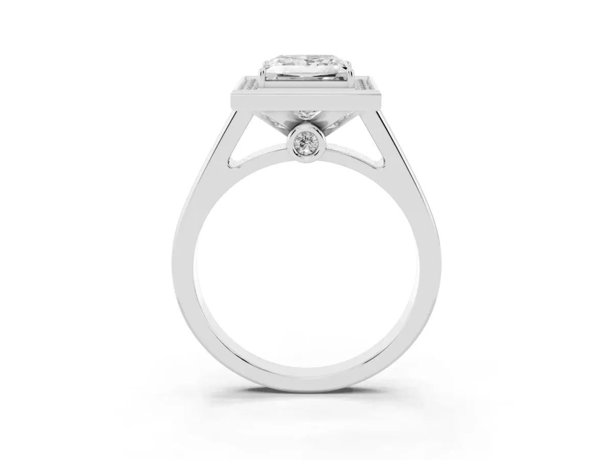 Princess Cut Halo Solitaire Diamond Ring with Pave Band and Bezel Setting Silver