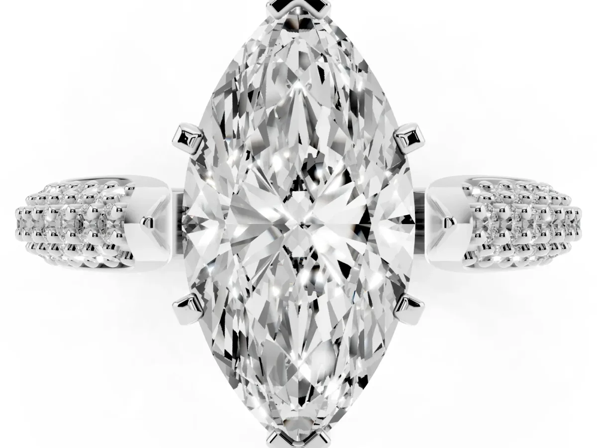 Marquise Cut Diamond Solitaire Engagement Ring with Multi-Row Round Pavé Band and Prong Setting Silver