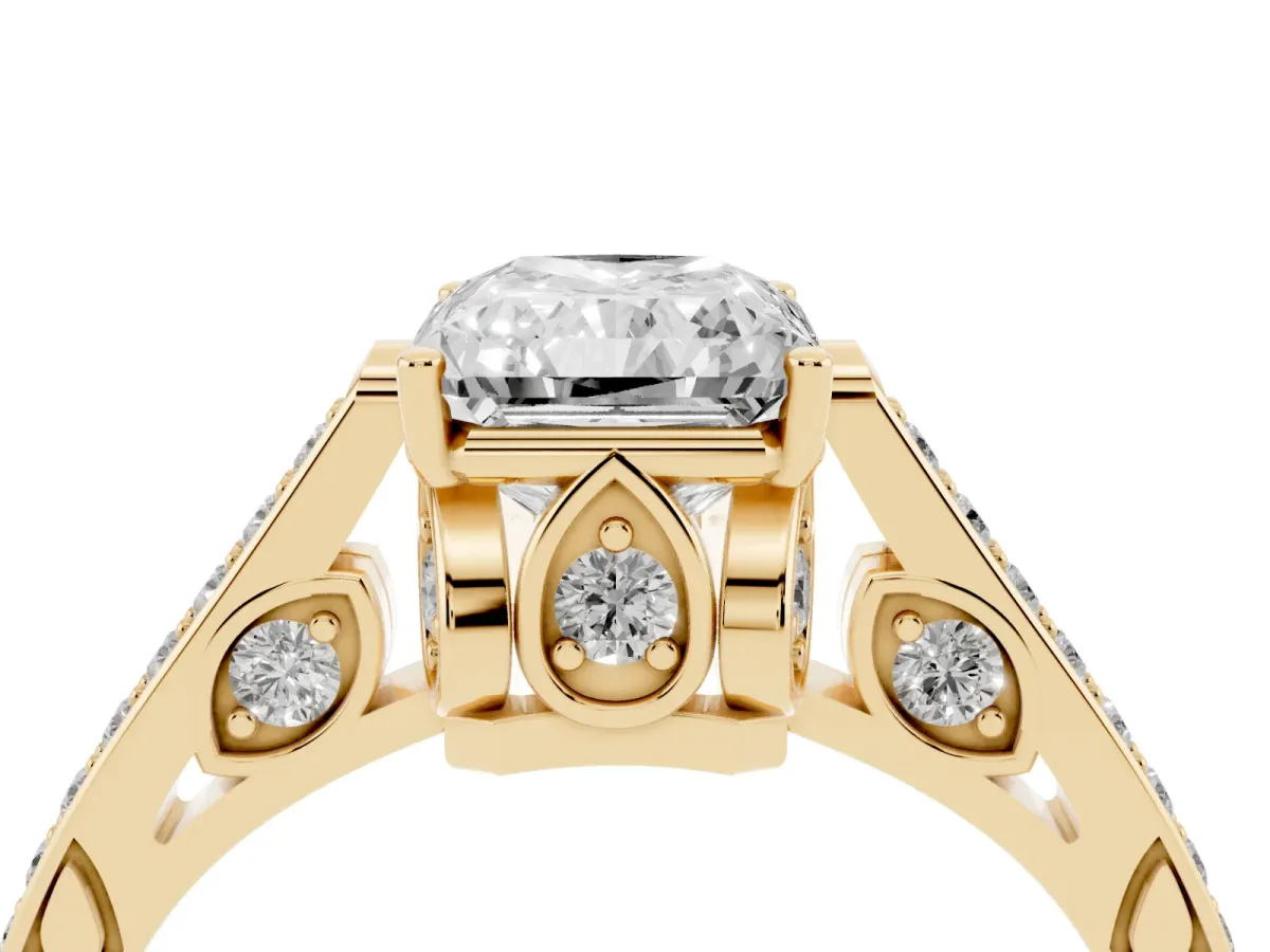 Radiant Cut Cut Cathedral Pave Diamond Engagement Ring with Six-Prong Setting Yellow gold