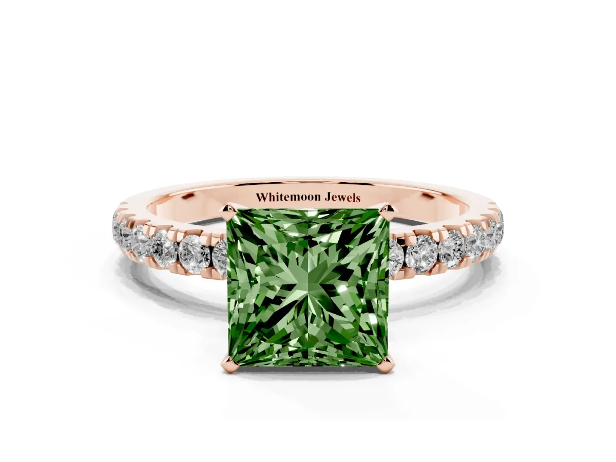 Fancy Green Princess Cut Diamond Solitaire Ring with Pavé Accents and Four-Prong Setting Rose gold