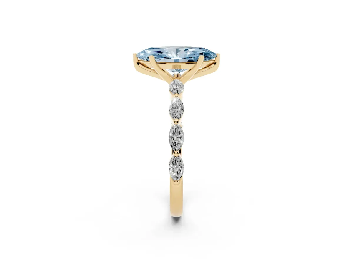 Fancy Blue Marquise Cut Diamond Ring with Marquise Side Stones and Prong Setting Yellow gold
