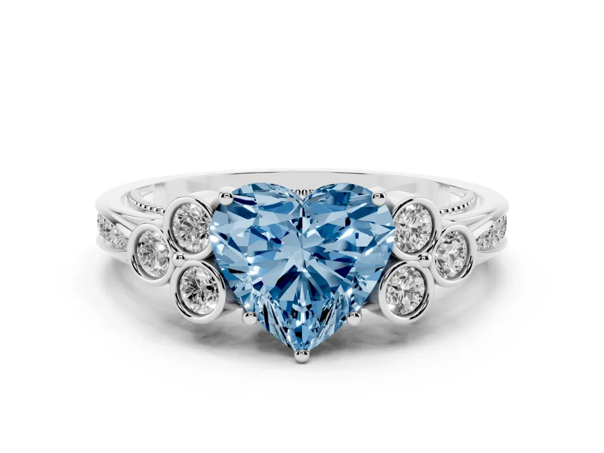 Fancy Blue Heart Cut Cut Diamond Engagement Ring with Bezel Set Round Side Stones and Prong Setting Silver