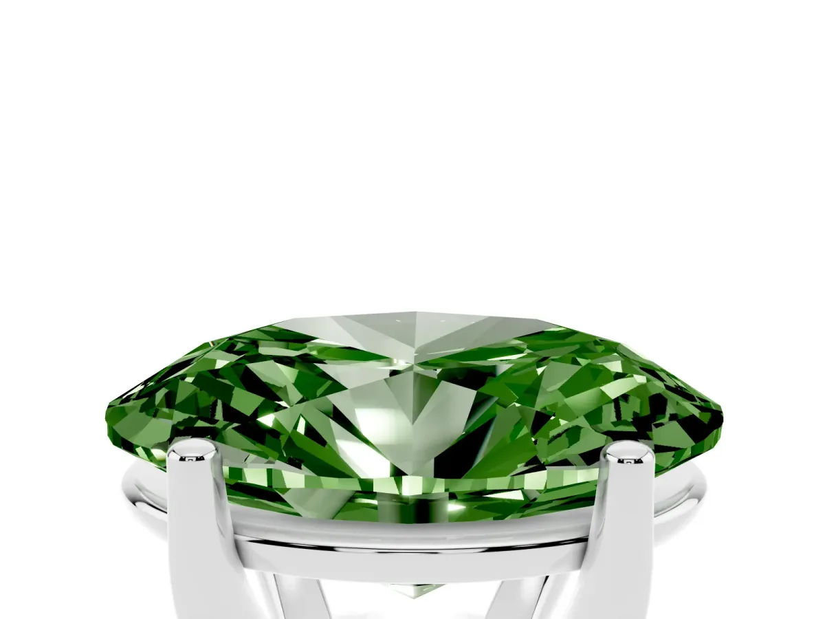 Fancy Green Oval Cut Cut Diamond Solitaire Engagement Ring with Tapered Plain Band and Four-Prong Setting Silver