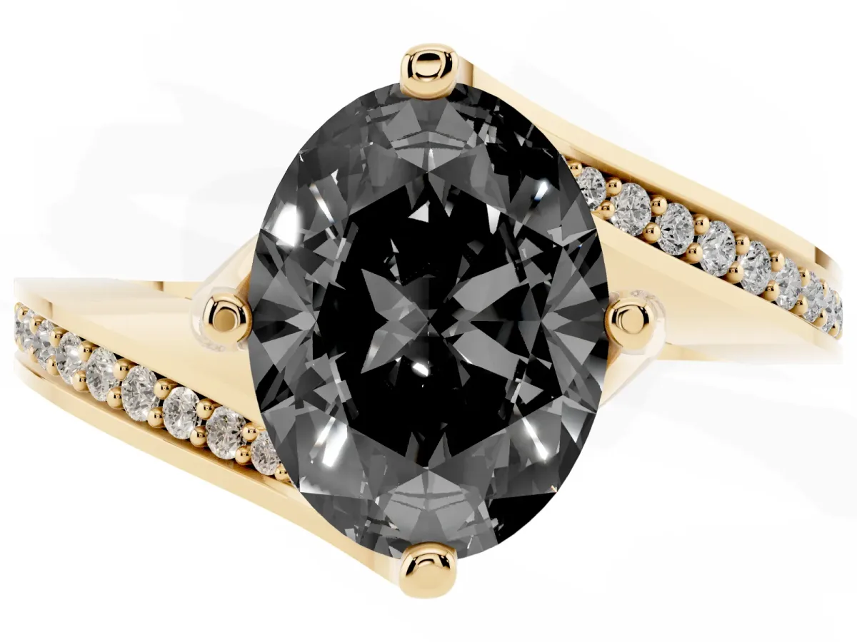 Fancy Black Oval Cut Solitaire Diamond Twist Band with Pavé Setting and Four-Prong Setting Yellow gold