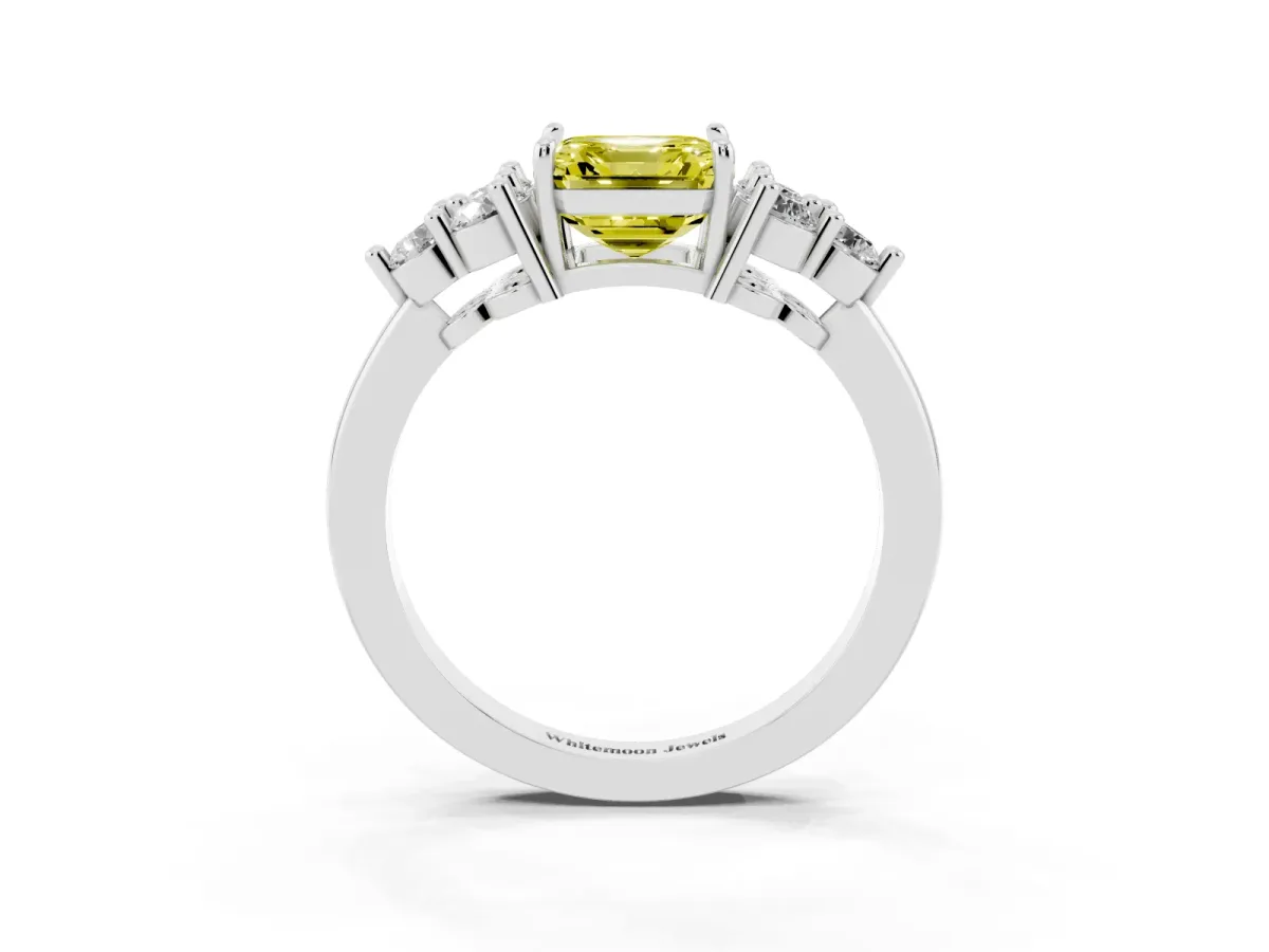 Fancy Yellow Asscher Cut Brilliant Diamond Cluster Accent Solitaire Ring with Prong Setting Silver