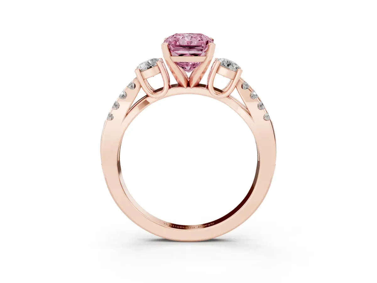 Fancy Pink Radiant Cut Diamond Three-Stone Ring with Pavé Split Shank and Four-Prong Setting Rose gold