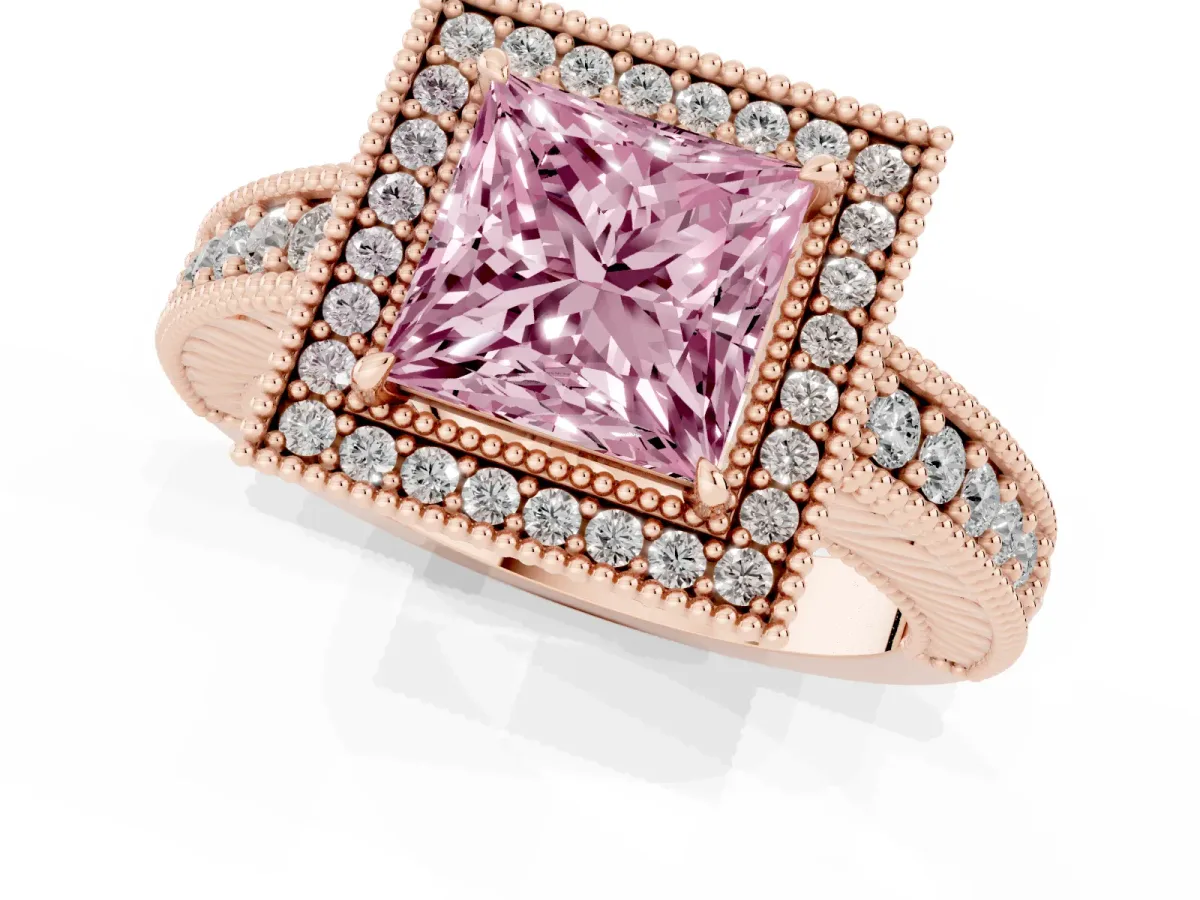 Fancy Pink Princess Cut Cut Halo Diamond Ring with Pavé Band and Four-Prong Setting Rose gold