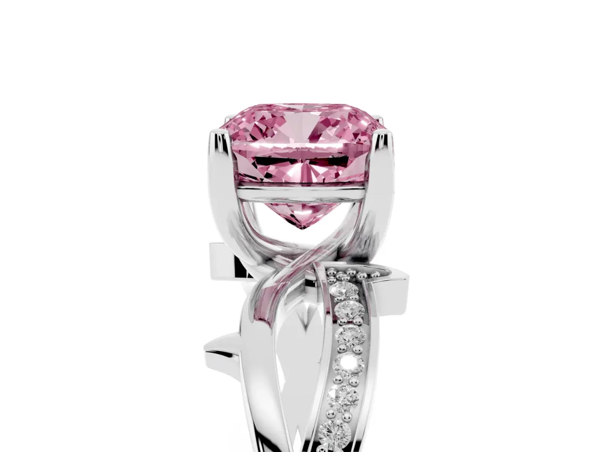 Fancy Pink Cushion Cut Solitaire Twist Band with Pavé Accents and Four-Prong Setting White gold