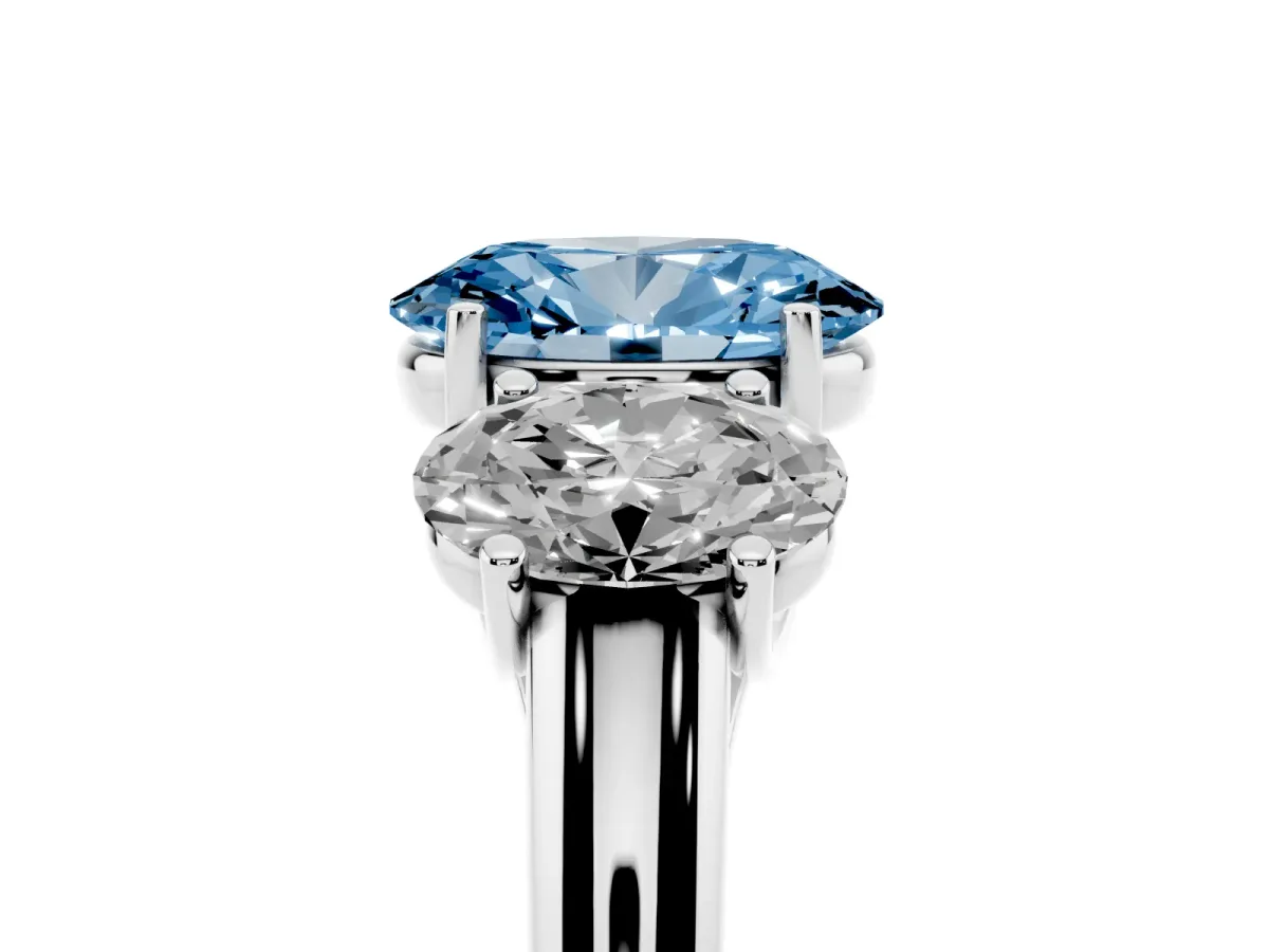 Fancy Blue Three-Stone Oval Cut Diamond Engagement Ring with Prong Setting Silver