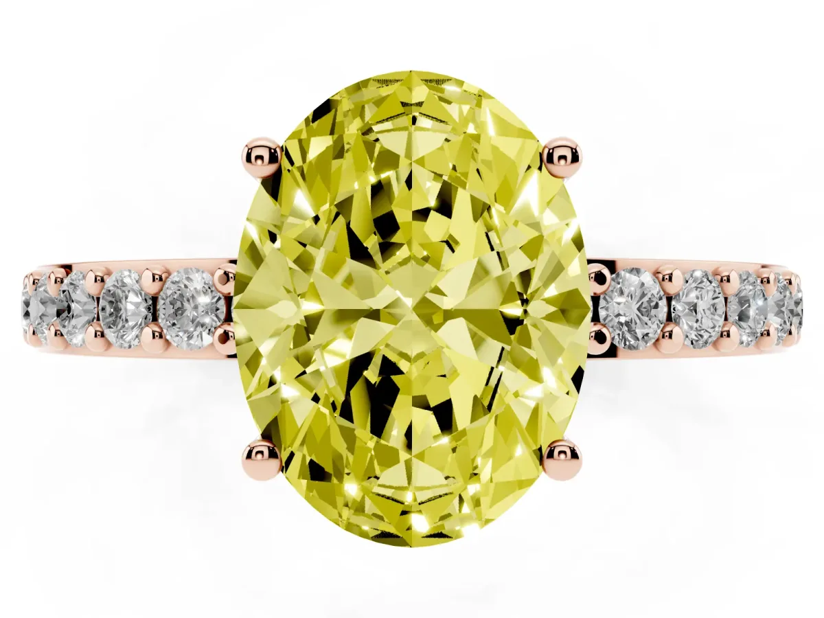 Fancy Yellow Oval Cut Cut Diamond Solitaire with Pave Band and Four-Prong Setting Rose gold