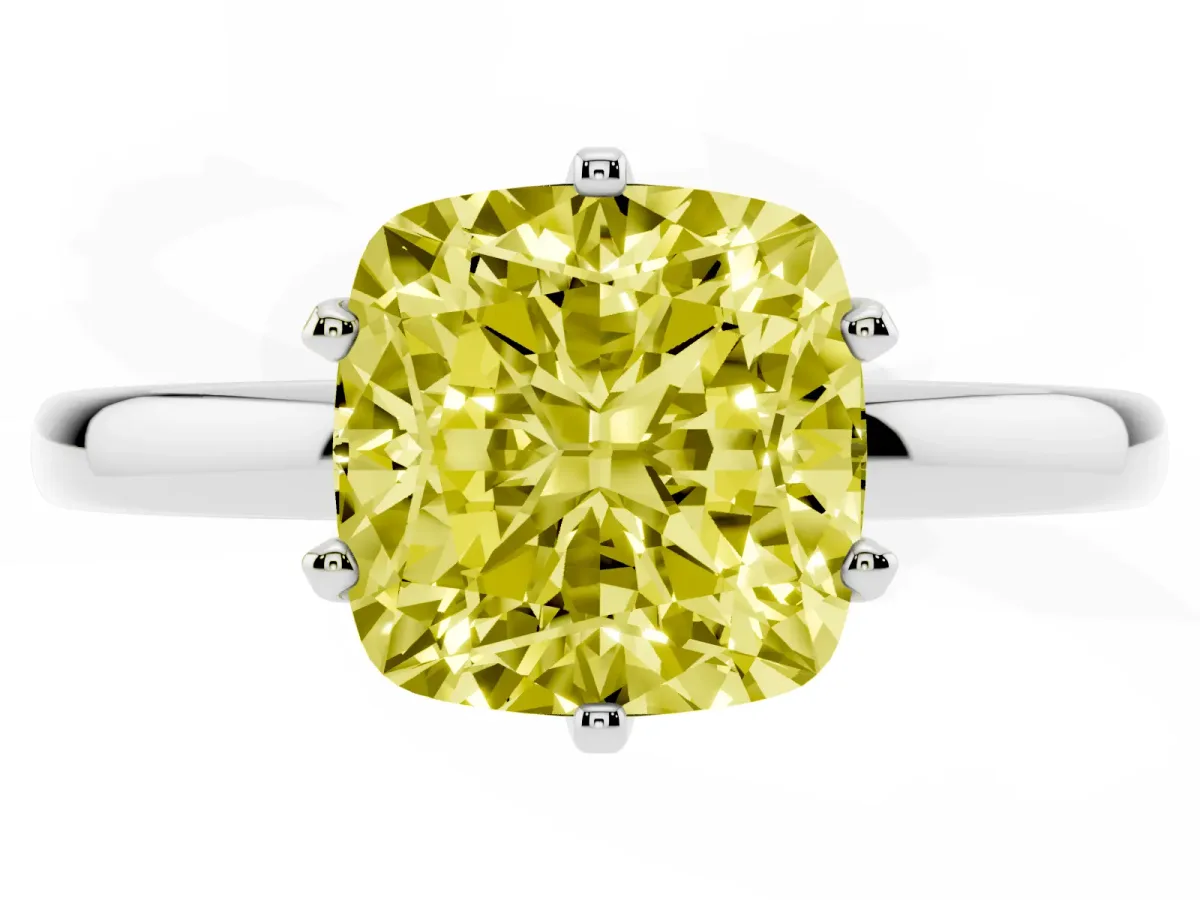 Fancy Yellow Cushion Cut Solitaire Diamond Ring with Six-Prong Setting on a Classic Band Silver