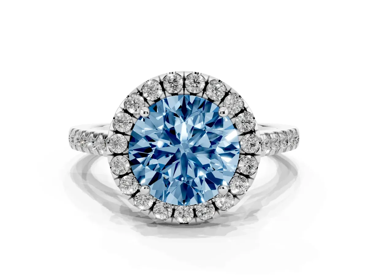 Fancy Blue Round Cut Halo Pavé Diamond Engagement Ring with Four-Prong Setting Silver