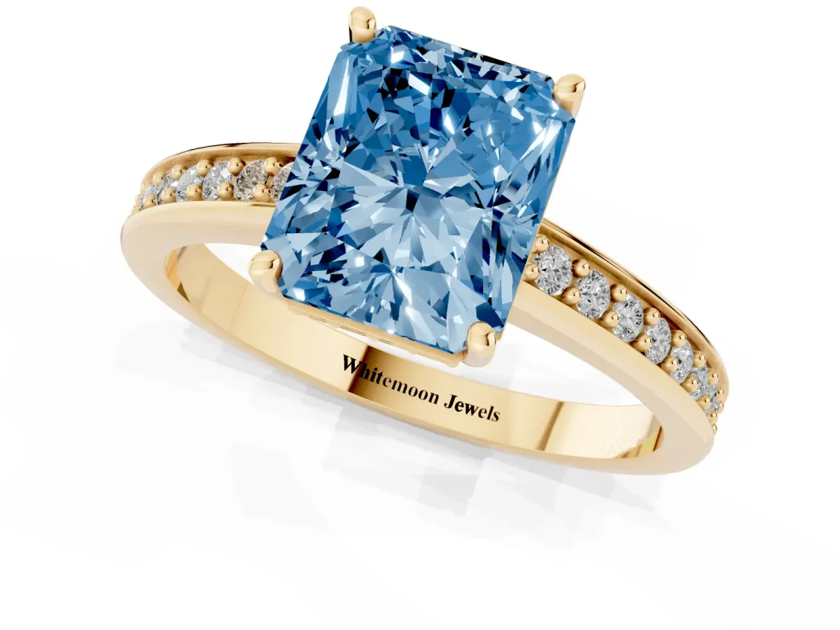 Fancy Blue Radiant Cut Solitaire Pavé Band Prong Setting Ring Yellow gold