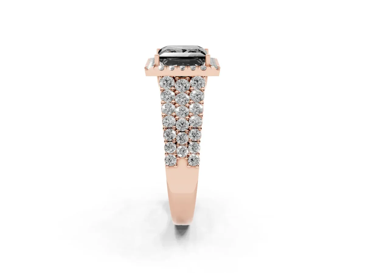 Fancy Black Princess Cut Diamond Halo Engagement Ring with Triple Row Round Pavé Band and Prong Setting Rose gold