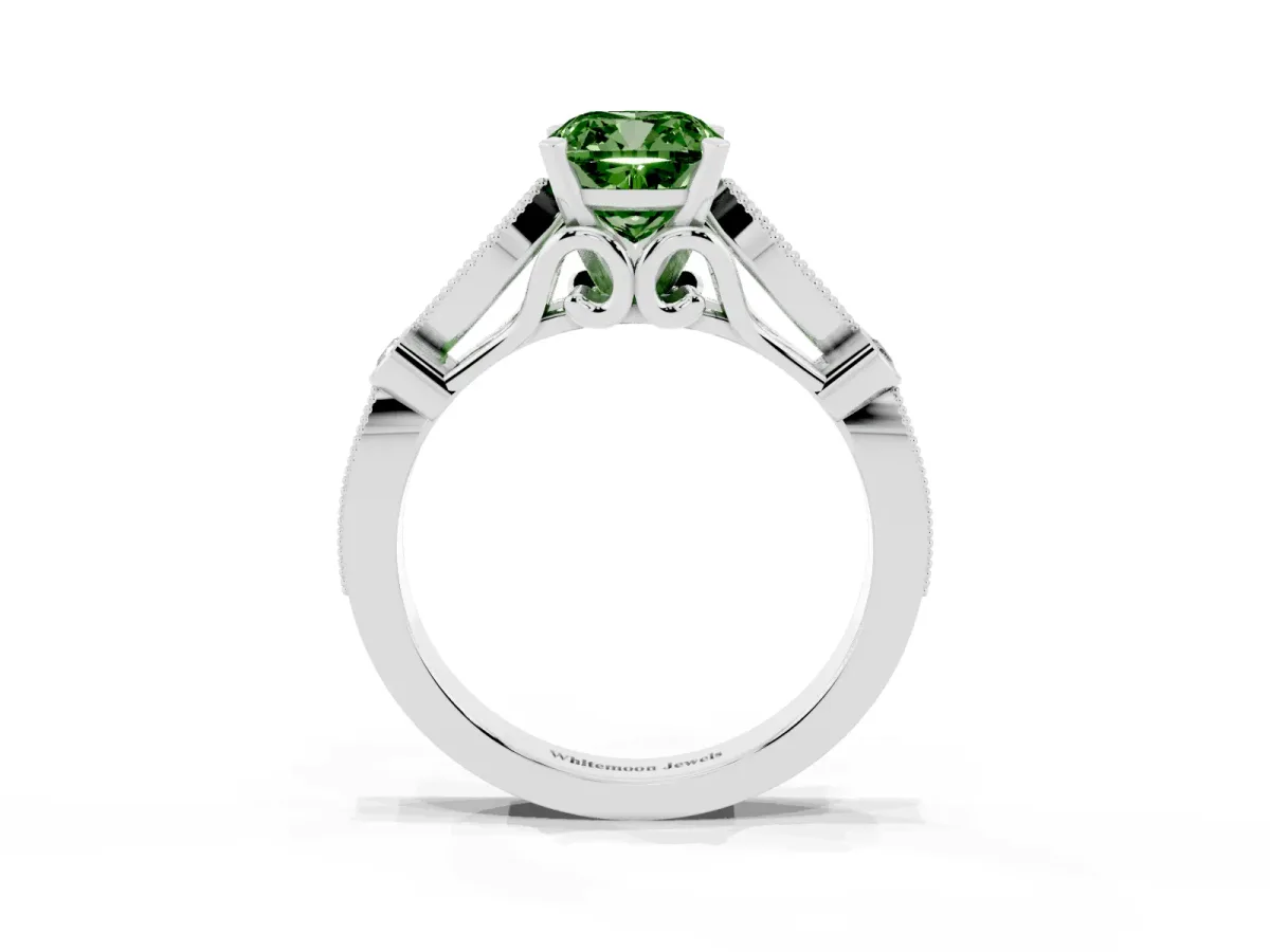 Fancy Green Cushion Cut Cut Diamond with Milgrain Marquise and Bezel Accents on a Solitaire Band with Prong Setting White gold