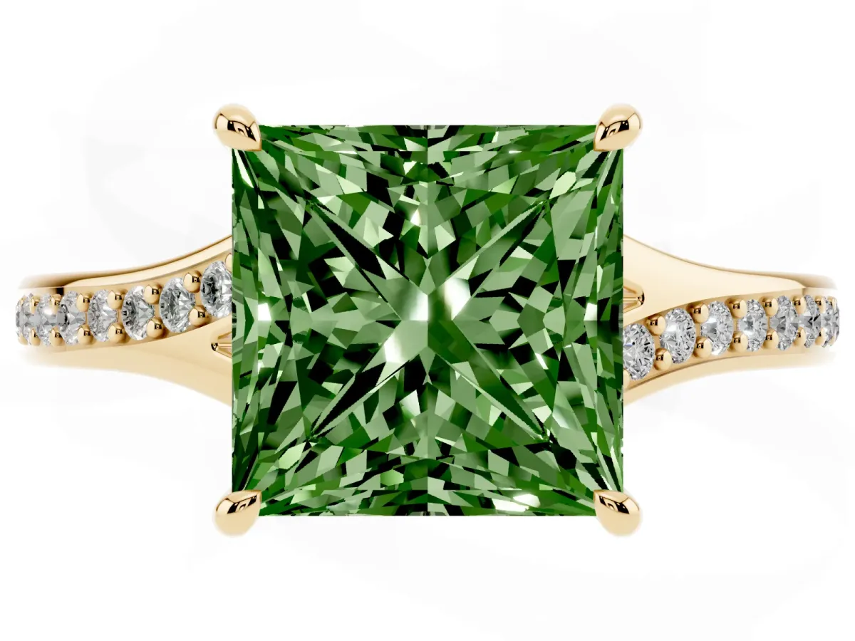 Fancy Green Princess Cut Diamond Solitaire Ring with Pavé Band and Prong Setting Yellow gold