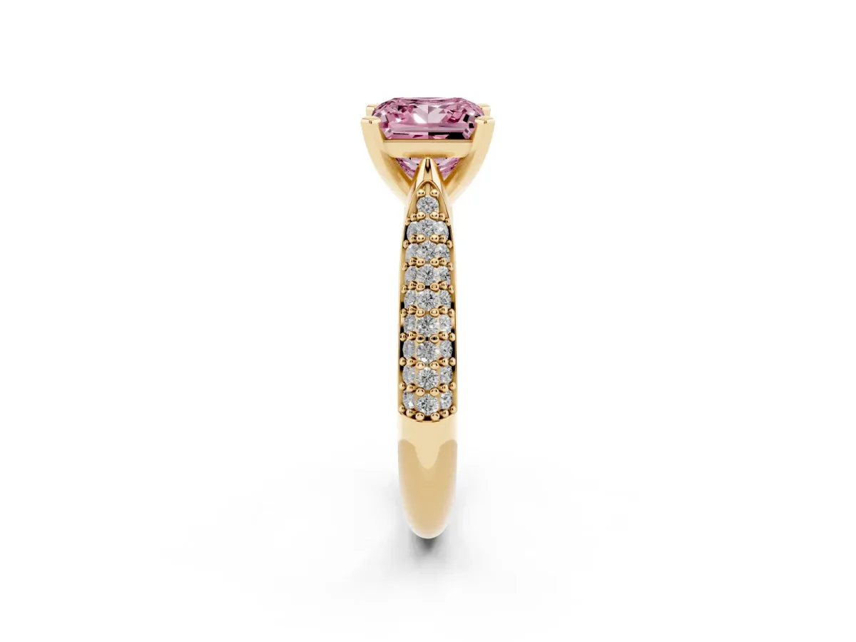 Fancy Pink Princess Cut Diamond Solitaire Engagement Ring with Multi-Row Round Pavé Band and Prong Setting Yellow gold