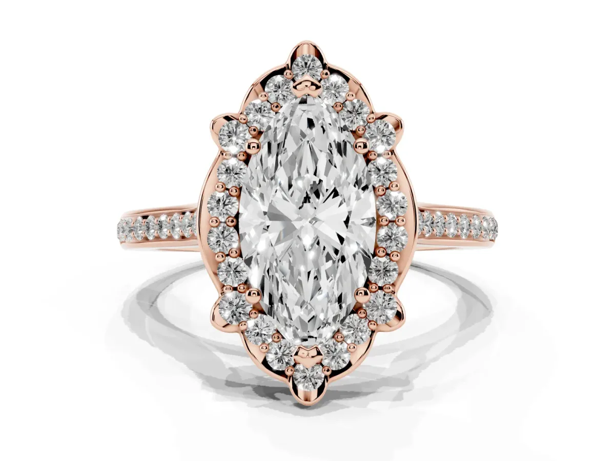 Marquise Cut Halo Round Diamond Pave Band with Four-Prong Setting Rose gold