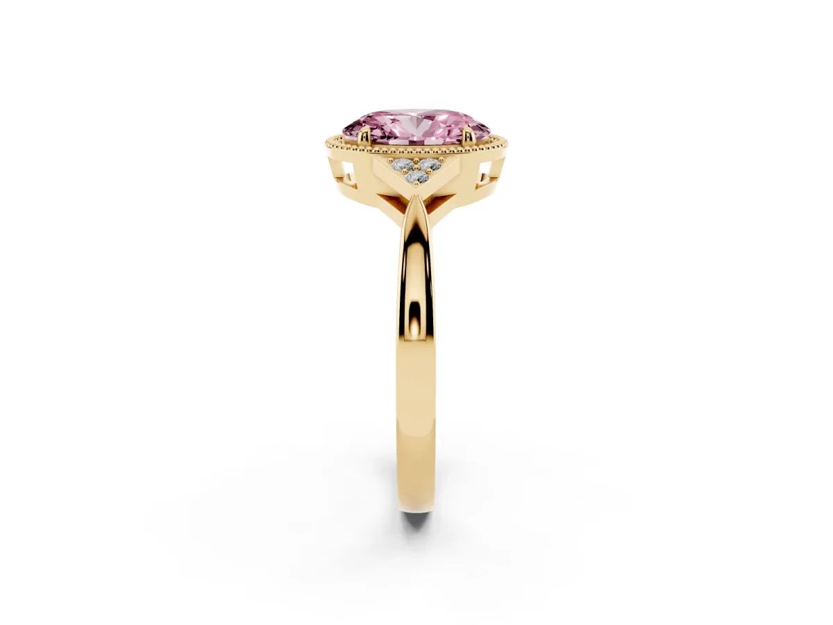 Fancy Pink Hexagonal Halo Oval Cut Diamond Solitaire with Pavé Band and Four-Prong Setting Yellow gold
