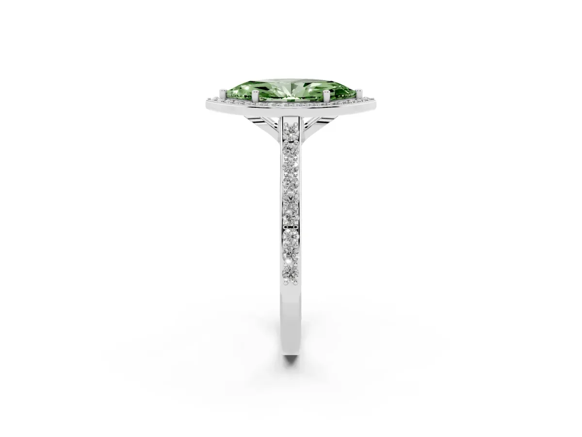 Fancy Green Marquise Cut Diamond Halo Engagement Ring with Round Pavé Shoulders and Prong Setting White gold