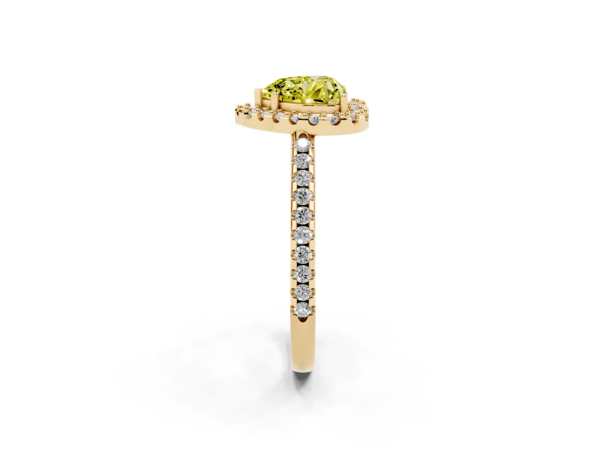 Fancy Yellow Heart Cut Diamond Pavé Halo Ring with Four-Prong Setting Yellow gold