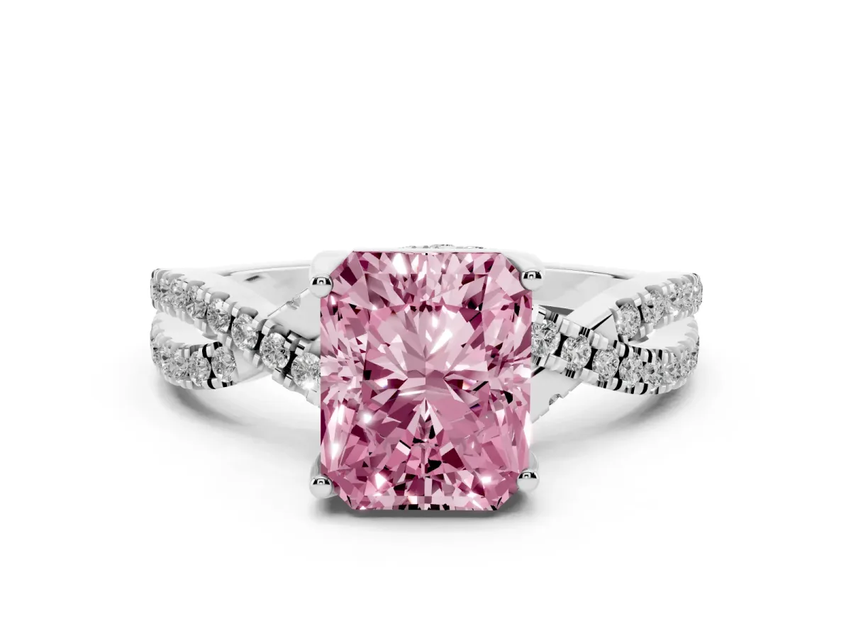 Fancy Pink Radiant Cut Solitaire Twist Pave Diamond Engagement Ring with Prong Setting Silver