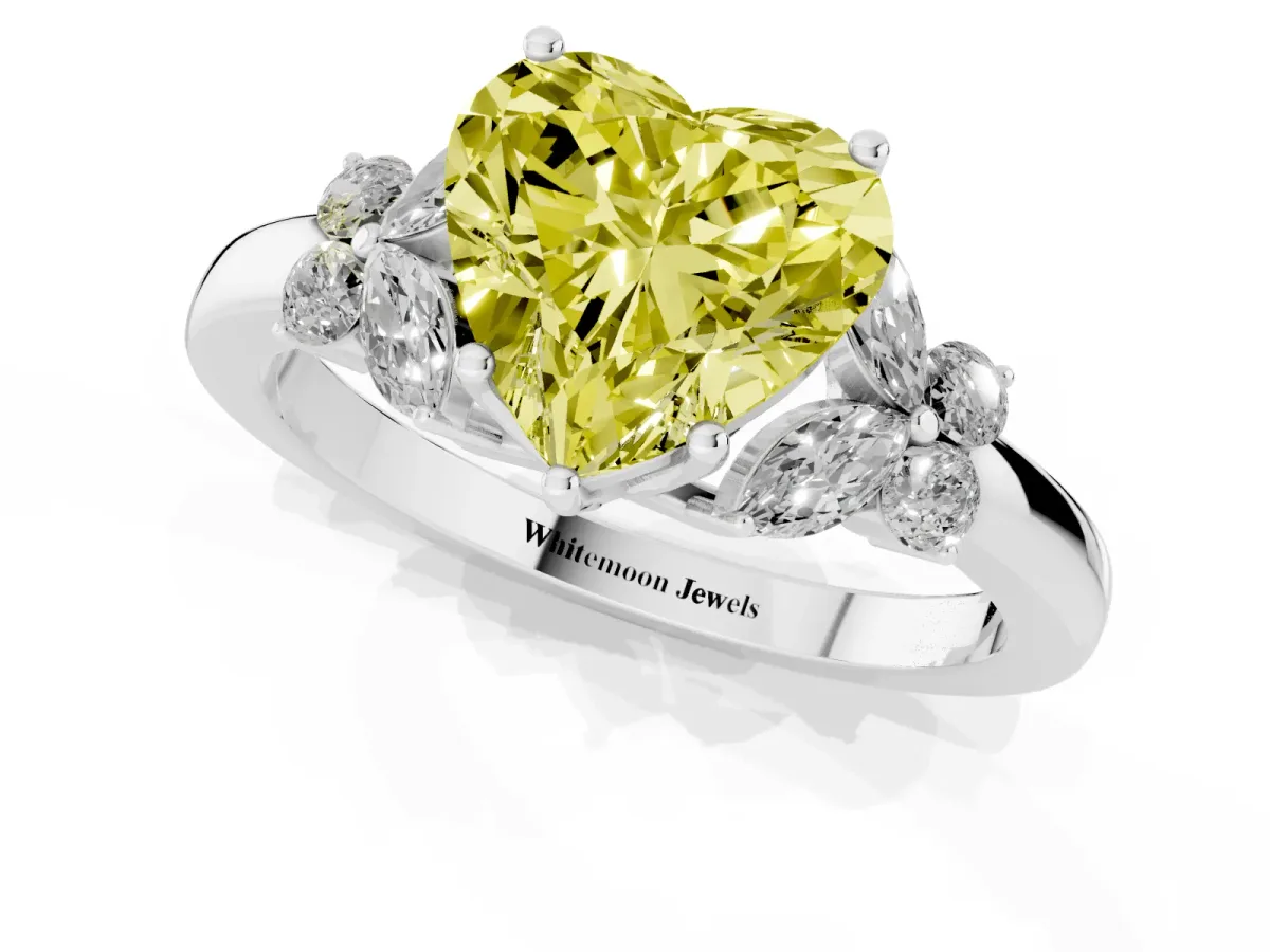 Fancy Yellow Heart Cut Cut Solitaire Floral Diamond Ring with Four-Prong Setting Silver