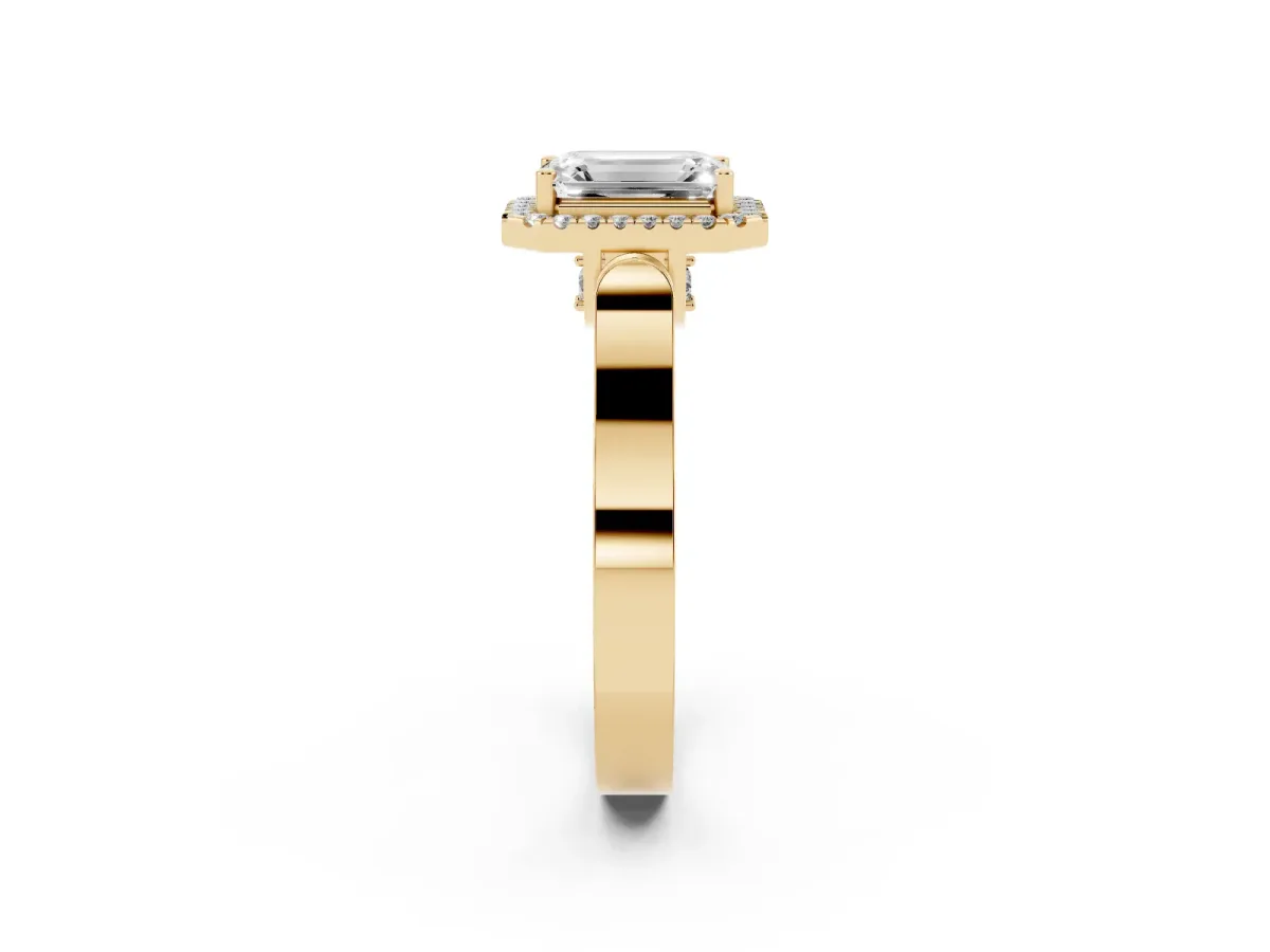 Emerald Cut Halo Round Diamond Twist Band with Four-Prong Setting Yellow gold