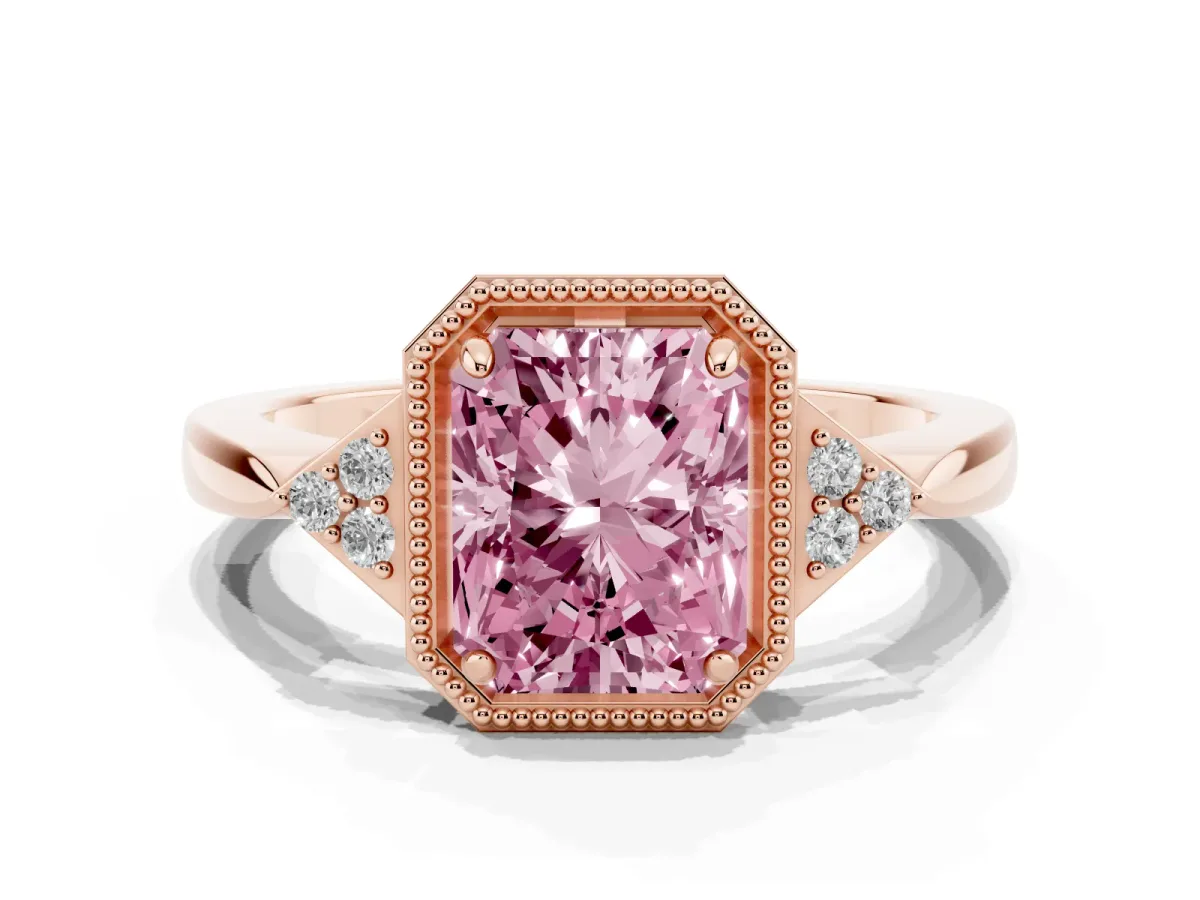 Fancy Pink Hexagonal Halo Radiant Cut Diamond Solitaire with Pavé Band and Four-Prong Setting Rose gold