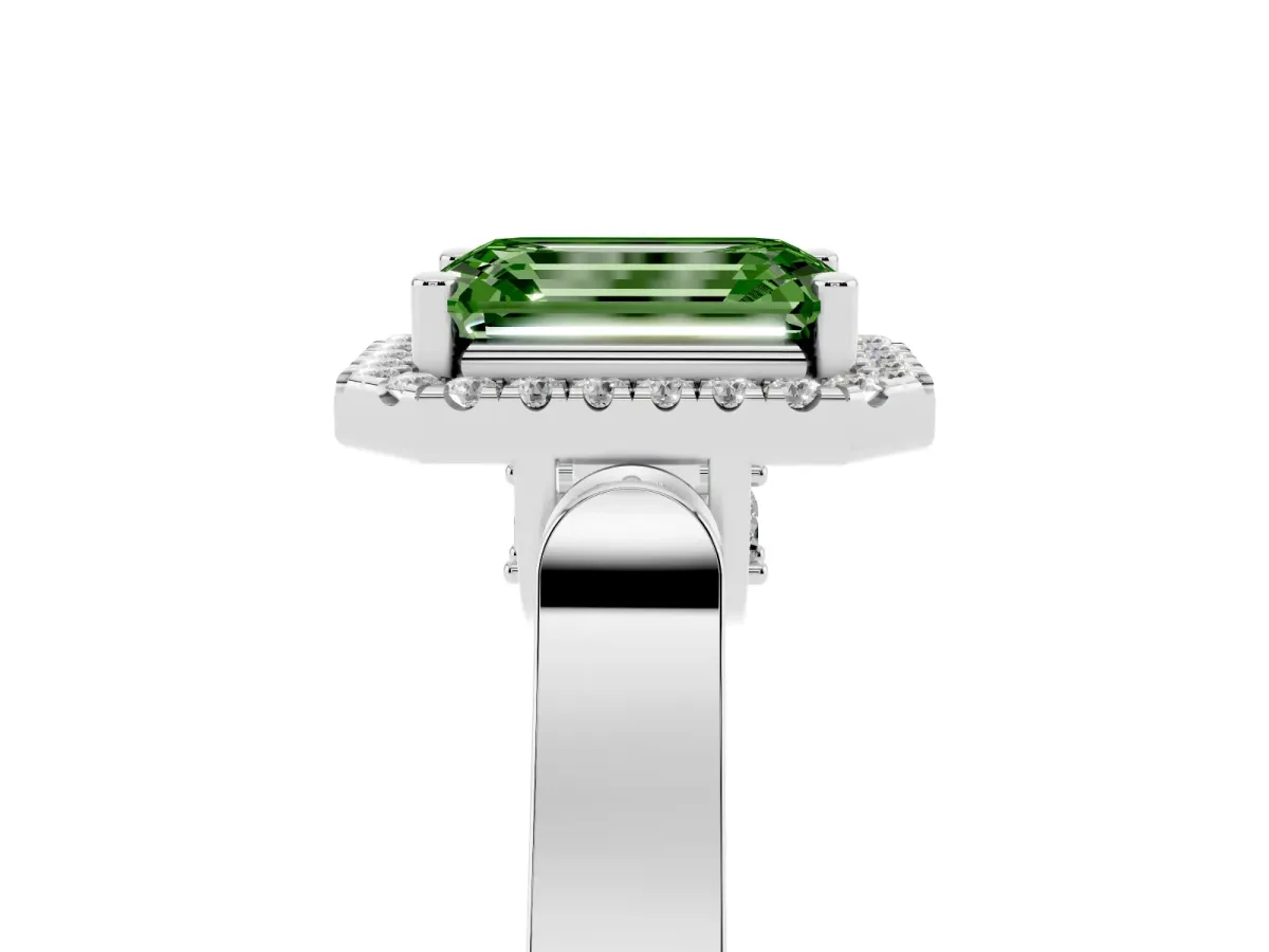 Fancy Green Emerald Cut Halo Round Diamond Twist Band with Four-Prong Setting White gold