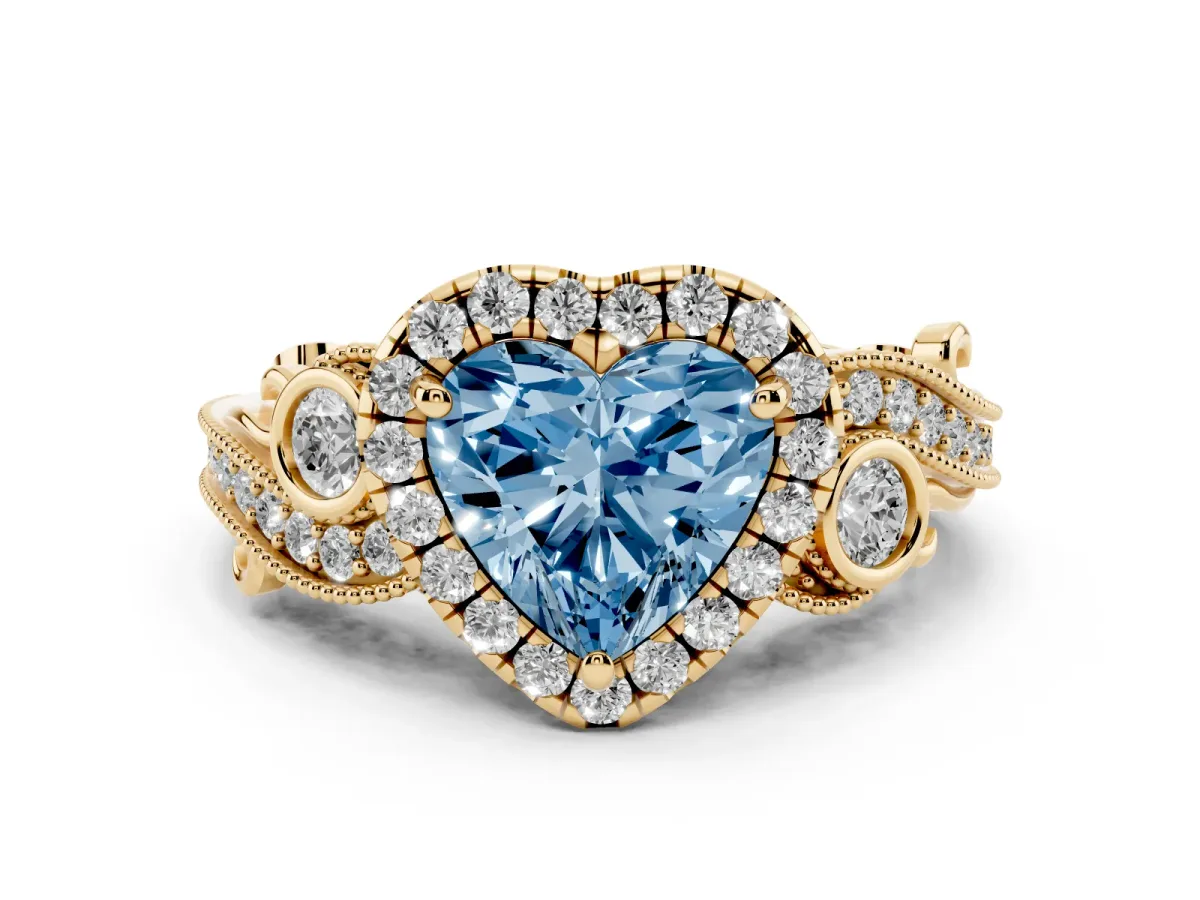 Fancy Blue Heart Cut Diamond Halo Ring with Milgrain Pavé Band and Four-Prong Setting Yellow gold