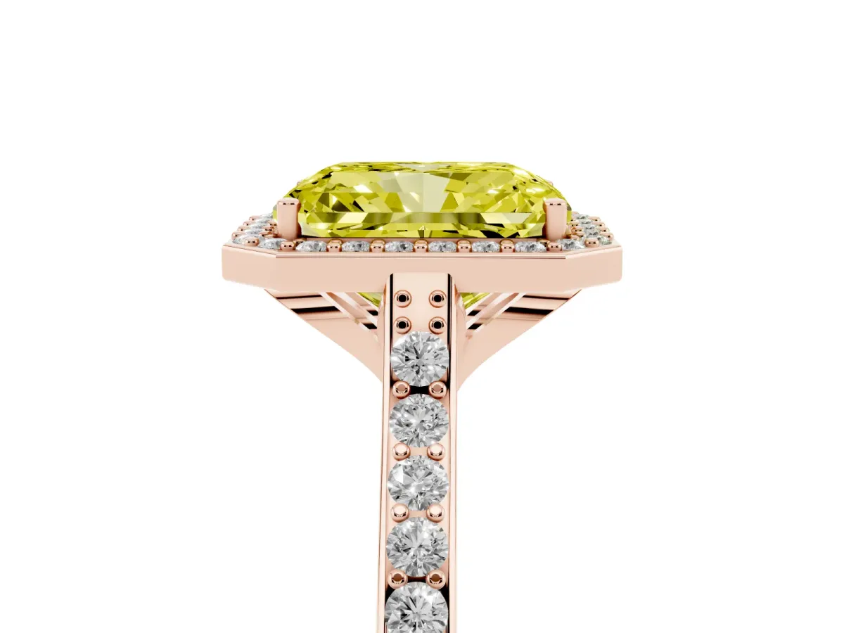Fancy Yellow Radiant Cut Diamond Halo Engagement Ring with Round Pavé Shoulders and Prong Setting Rose gold